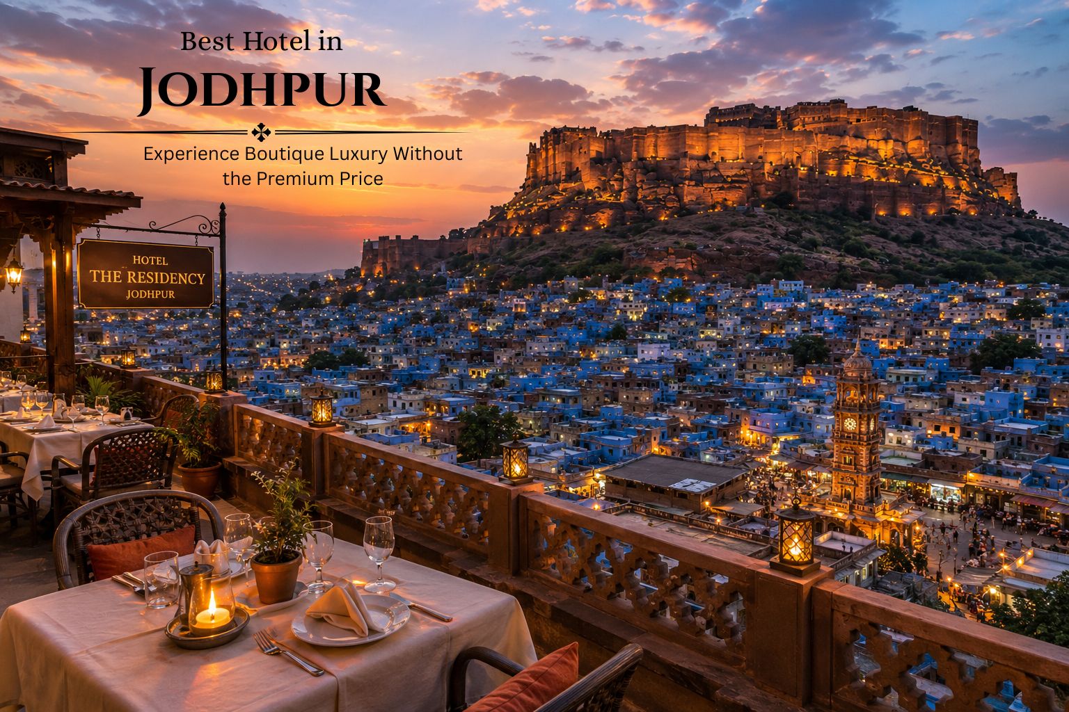 Best hotel in Jodhpur with rooftop dining, Mehrangarh Fort view, blue city skyline, and luxury sunset ambiance  Best Hotel in Jodhpur | Boutique Luxury at Great Value