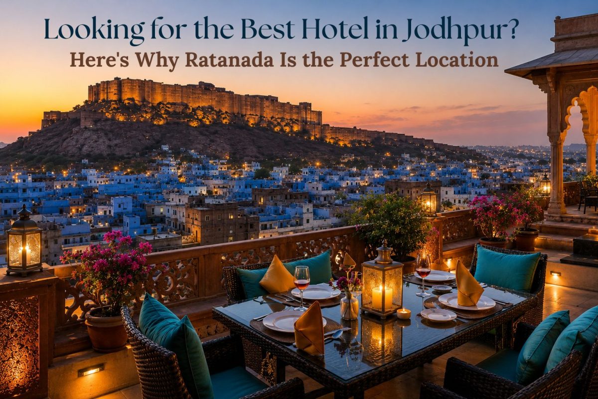 Luxury rooftop dining view overlooking Mehrangarh Fort and the Blue City of Jodhpur at sunset, highlighting the charm of staying in Ratanada near major attractions.