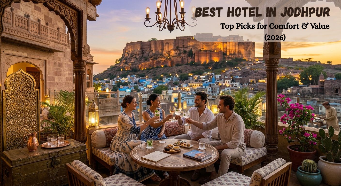 Friends toasting on rooftop terrace with Mehrangarh Fort view, best hotel in Jodhpur  Best Hotel in Jodhpur 2026 | Top Stays, Best Prices