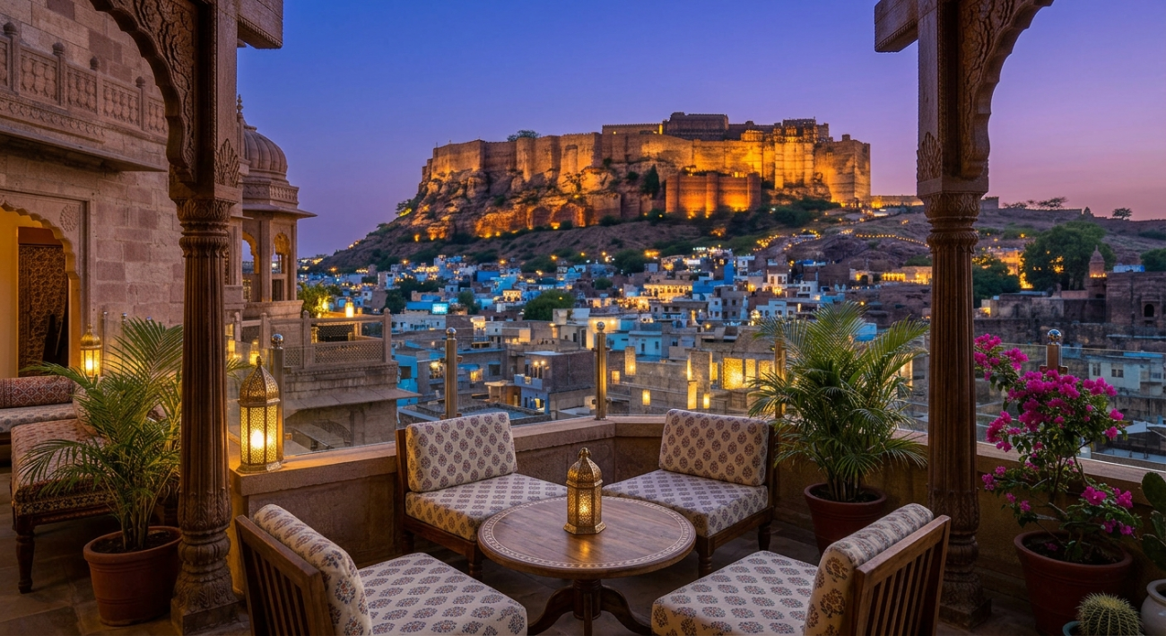 Best Hotel in Jodhpur 2 - The Residency Rooftop seating area with Mehrangarh Fort view at sunset, best hotel in Jodhpur Best Hotel in Jodhpur 2026 | Top Stays, Best Prices