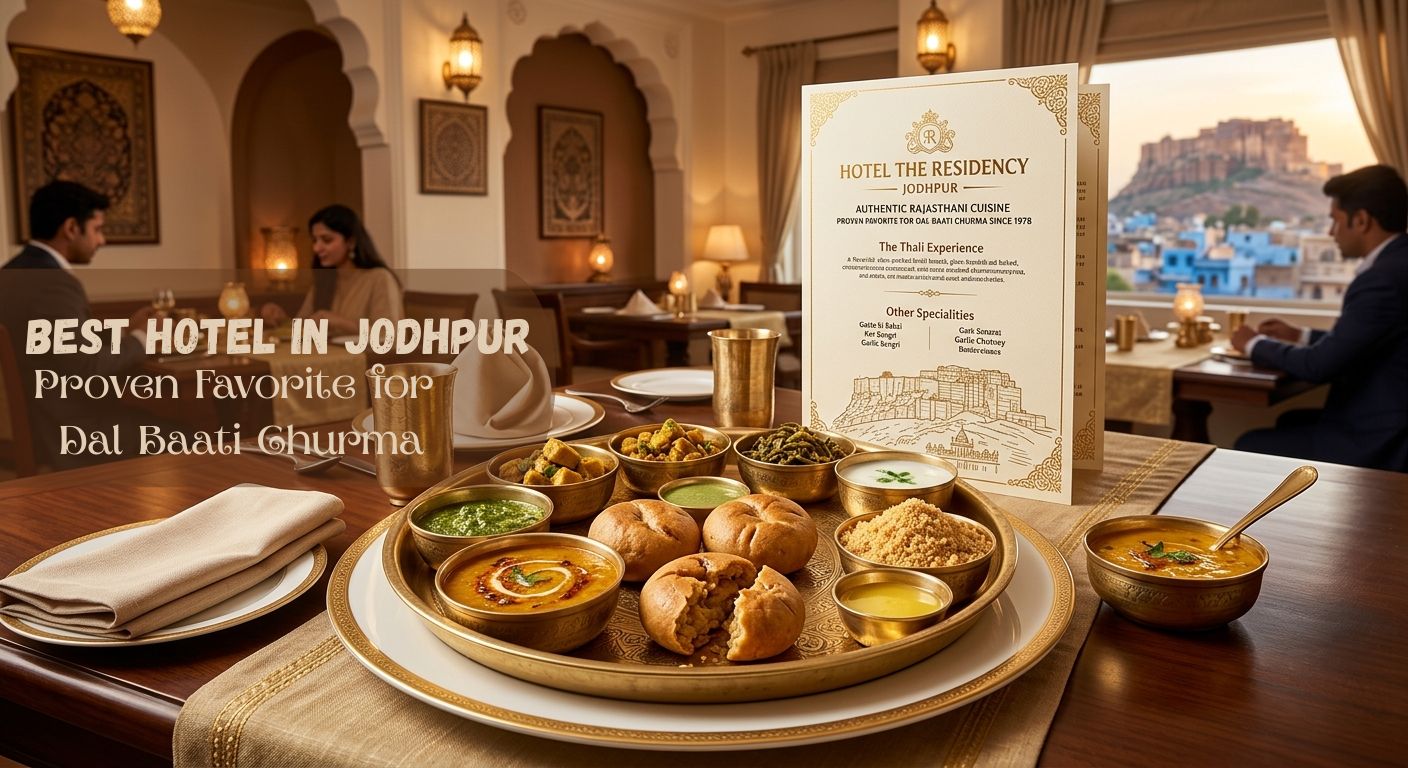 Best Hotel in Jodhpur - Hotel The Residency Dal Baati Churma thali with Mehrangarh Fort view  Best Hotel in Jodhpur: Proven Favorite for Dal Baati Churma