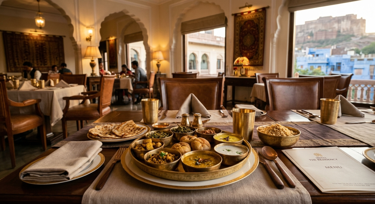 Best Hotel in Jodhpur - authentic Dal Baati Churma thali at Hotel The Residency with Mehrangarh Fort view  Best Hotel in Jodhpur: Proven Favorite for Dal Baati Churma