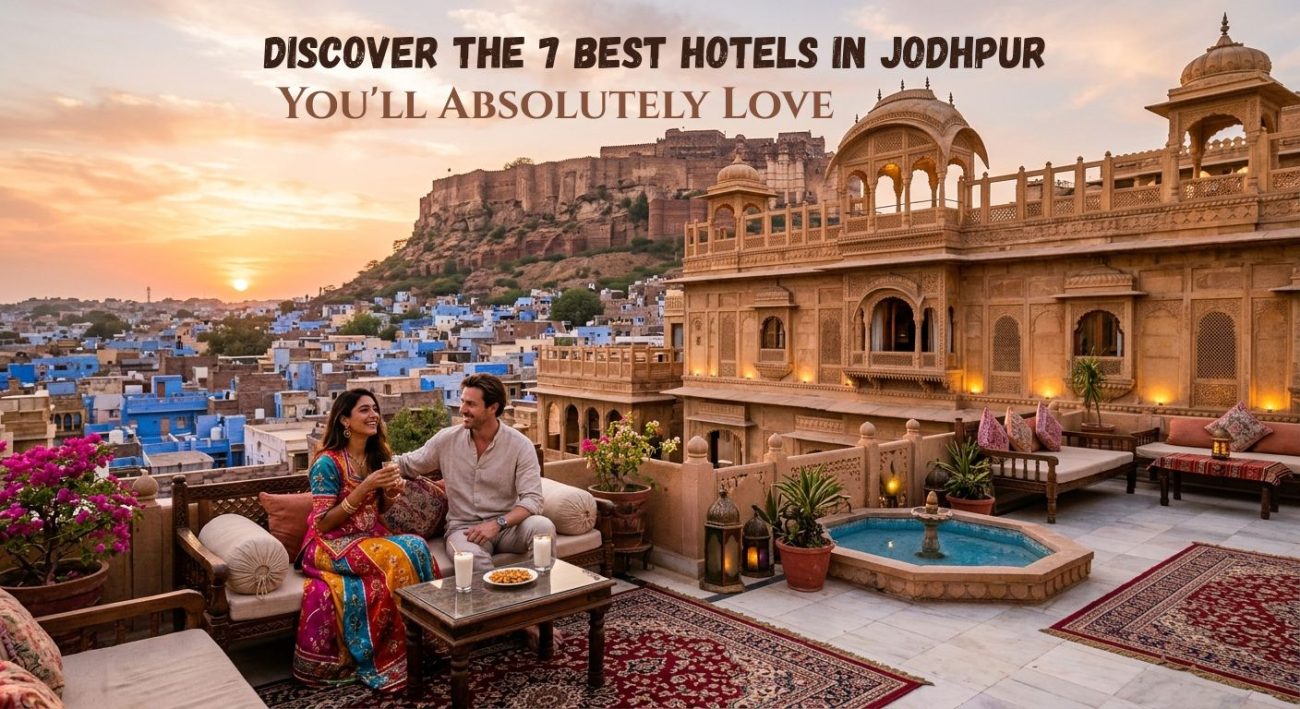 Rooftop view of Jodhpur hotel with Mehrangarh Fort and Blue City in background