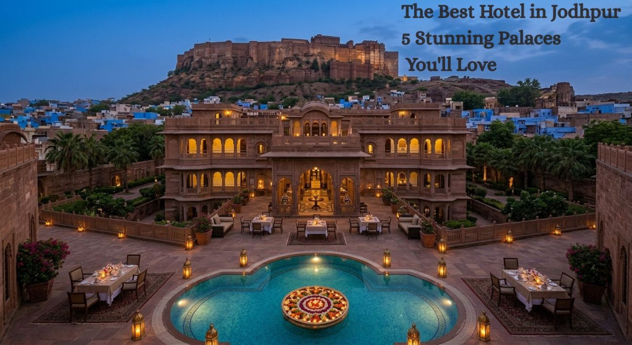 Best hotel in Jodhpur palace with pool and Mehrangarh Fort view at dusk