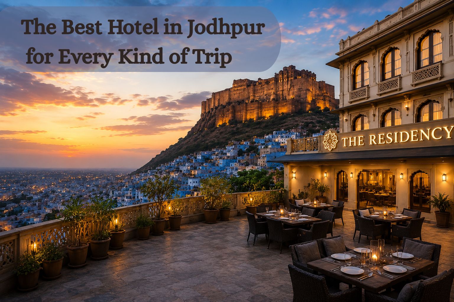 The Residency Hotel in Jodhpur with Mehrangarh Fort view at sunset, showcasing luxury accommodation and rooftop dining.  Best Hotel in Jodhpur | Hotel The Residency