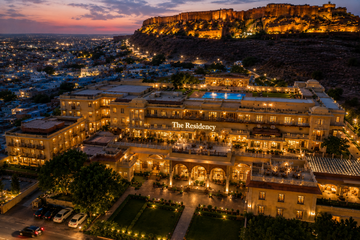Hotel In Jodhpur - Hotel The Residency aerial night view near Mehrangarh Fort  Hotels In Jodhpur | Hotel The Residency, Ratanada 2026