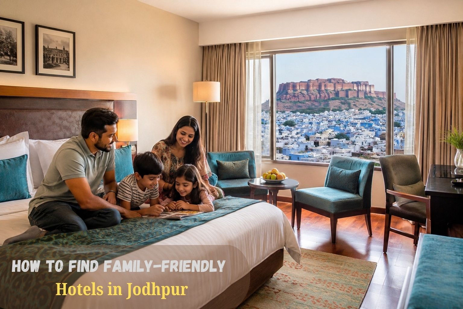 Family relaxing together in a hotel room with Mehrangarh Fort and Blue City view - family-friendly hotels in Jodhpur  How to Find Family-Friendly Hotels in Jodhpur (2026)