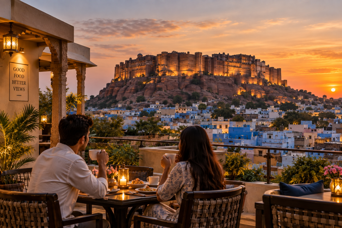 Best Hotels Near Mehrangarh Fort - couple enjoying rooftop breakfast with fort view in Jodhpur  Best Hotels Near Mehrangarh Fort | Jodhpur Stay Guide