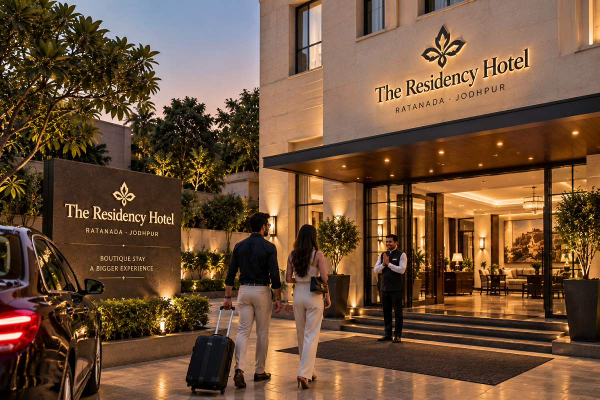 Hotel in Jodhpur - The Residency Hotel entrance in Ratanada with guests arriving  The Residency – Premier Boutique Hotel in Jodhpur, Ratanada