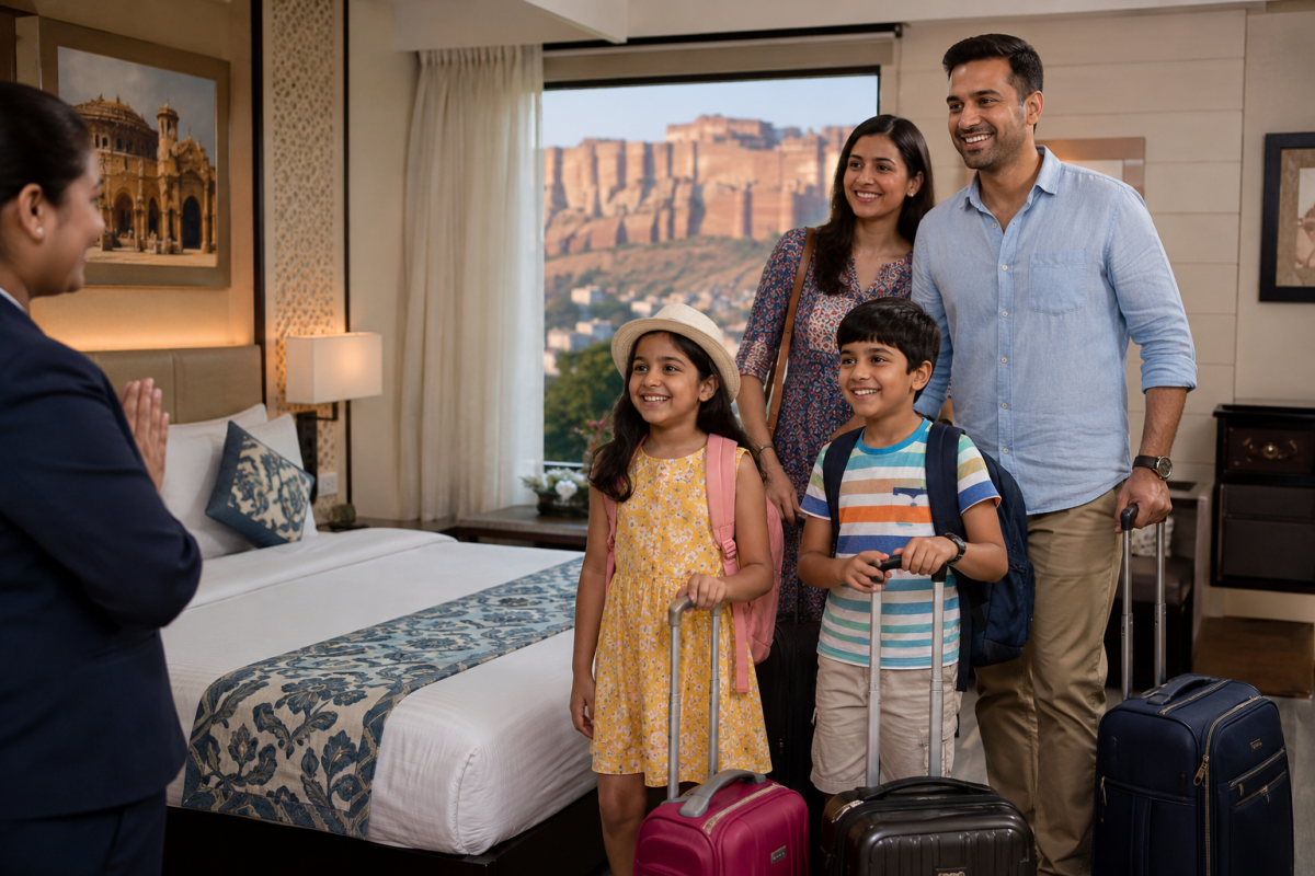 Family with children checking into hotels in Jodhpur with Mehrangarh Fort view from room window  How to Find Family-Friendly Hotels in Jodhpur (2026)