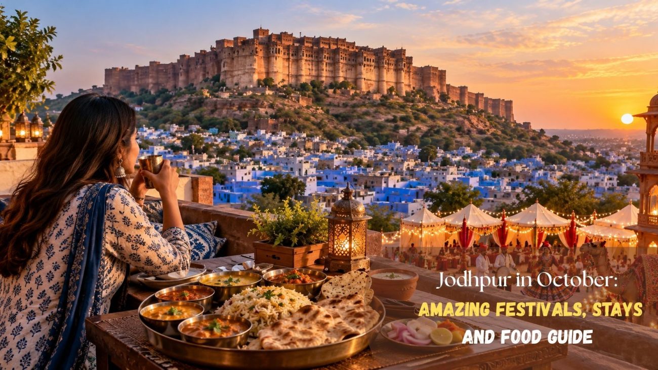 Hotels in Jodhpur in October with a woman enjoying Rajasthani thali and a Mehrangarh Fort view at sunset