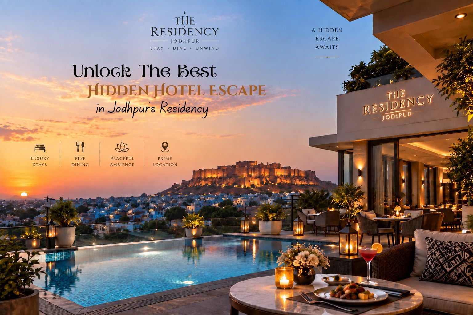 Hotel in Jodhpur - The Residency rooftop pool and Mehrangarh Fort sunset view  Hotel in Jodhpur | Hotel The Residency, Ratanada Stay
