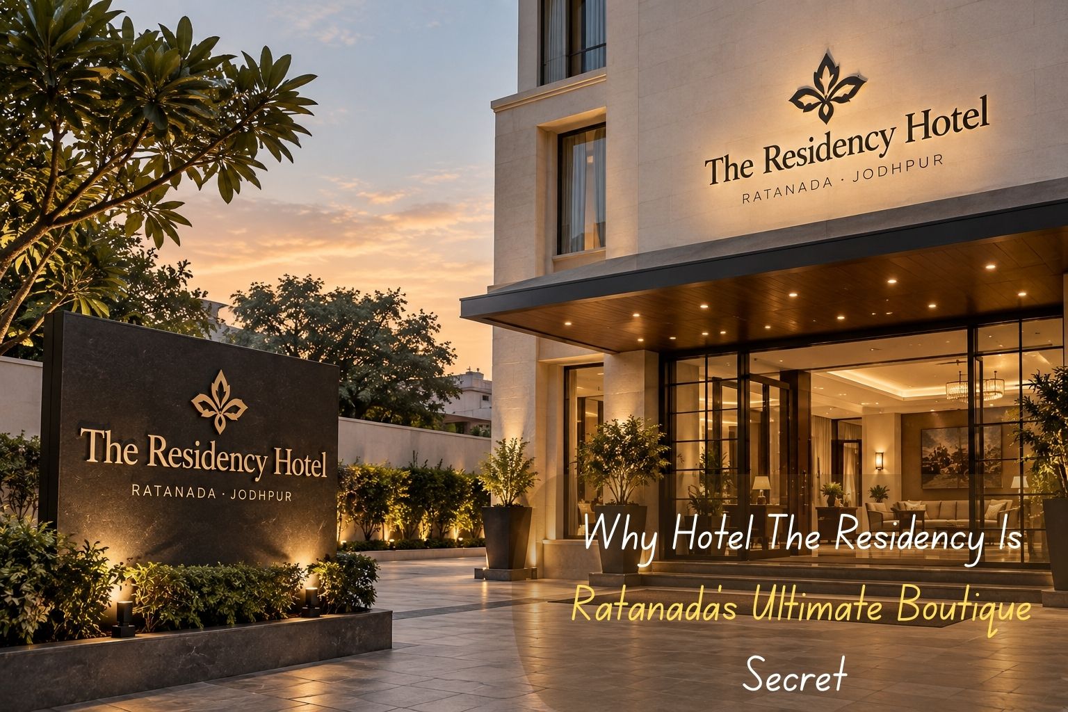 Hotel in Jodhpur - The Residency Hotel signage and entrance at dusk in Ratanada  The Residency – Premier Boutique Hotel in Jodhpur, Ratanada