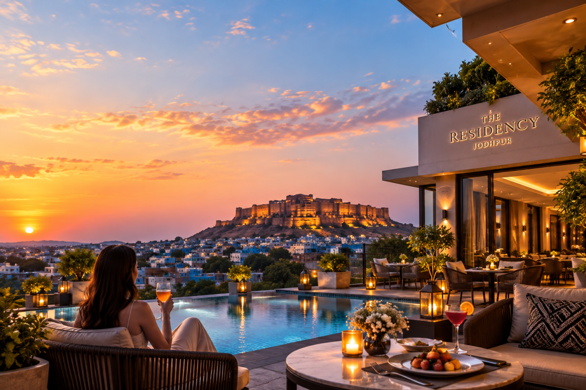 Hotel in Jodhpur - The Residency Rooftop Pool with Fort View - The Residency Hotel in Jodhpur infinite pool view with Mehrangarh Fort at sunset - The Residency Hotel in Jodhpur | Hotel The Residency, Ratanada Stay