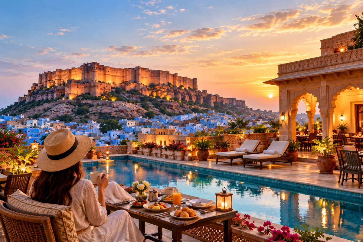 Best Hotel in Jodhpur with rooftop pool and breakfast view of Mehrangarh Fort at sunset  Best Hotel in Jodhpur 2026: Complete Guide & Top Picks