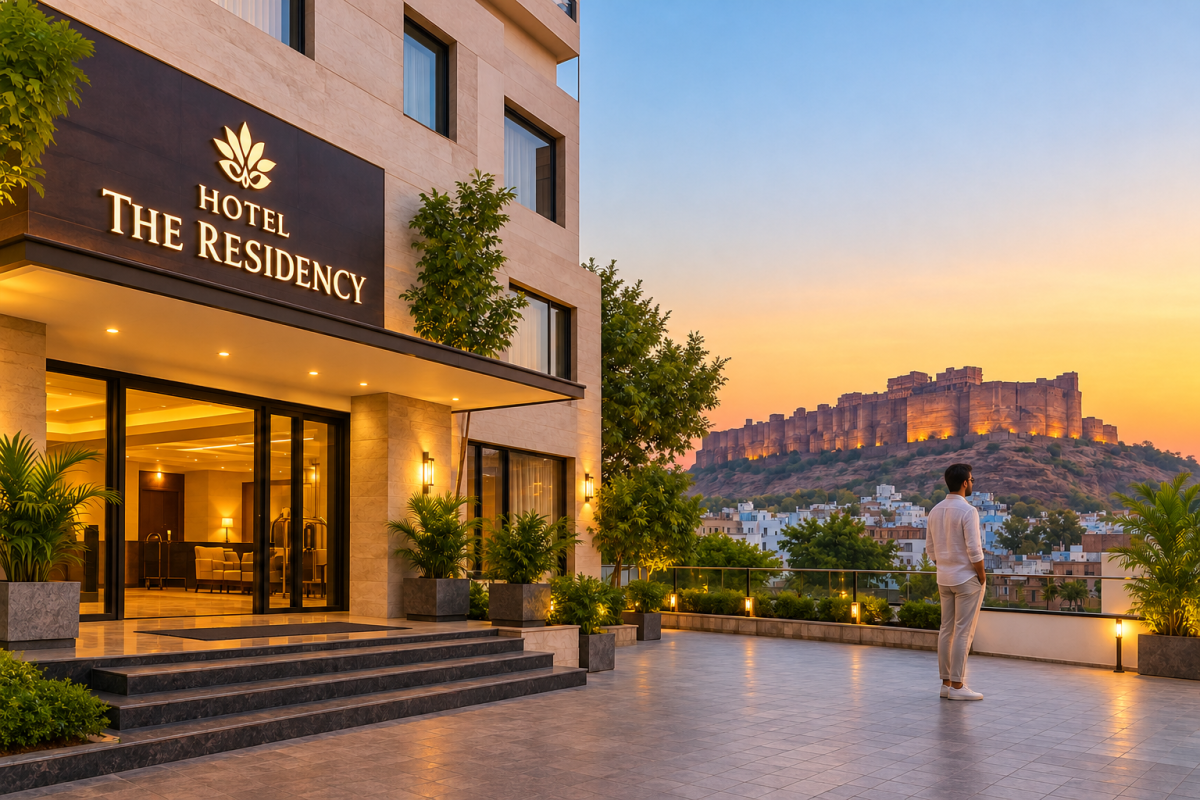 Hotel in Jodhpur – Hotel The Residency entrance with Mehrangarh Fort view at sunset  Hotel in Jodhpur | Boutique Stay in Ratanada | The Residency