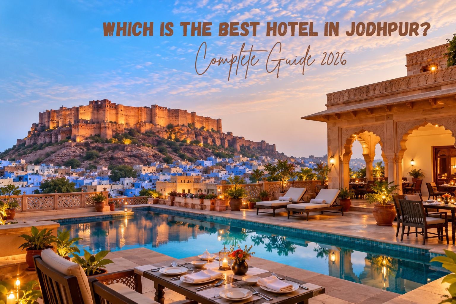 Which is the Best Hotel in Jodhpur complete guide 2026 featured image with Mehrangarh Fort view and rooftop pool  Best Hotel in Jodhpur 2026: Complete Guide & Top Picks