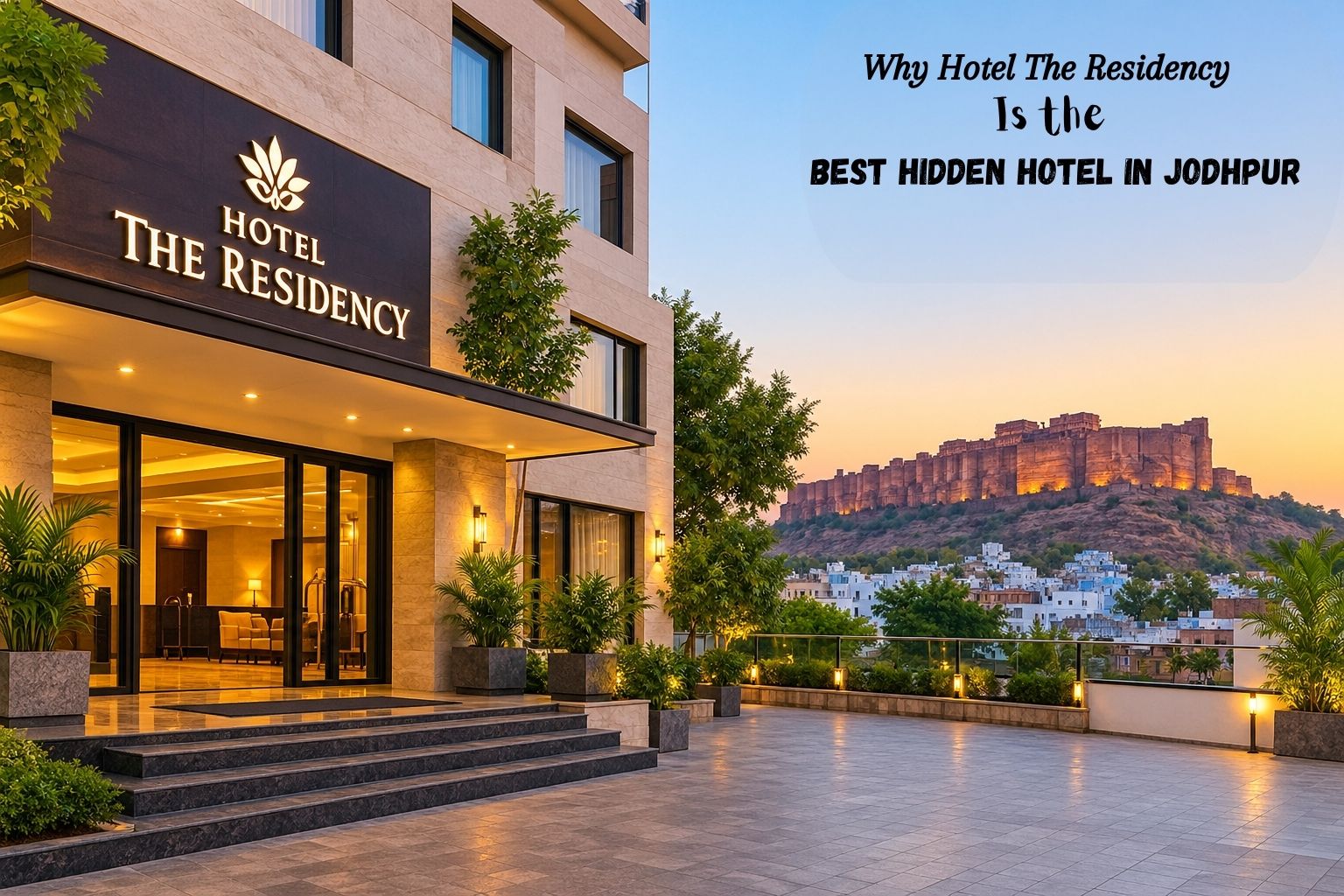 Why Hotel The Residency is the best hidden Hotel in Jodhpur, entrance with Mehrangarh Fort view at sunset  Hotel in Jodhpur | Boutique Stay in Ratanada | The Residency